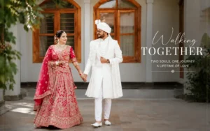 Bride and groom walking together hand in hand for best wedding photography poses